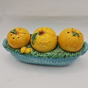 Occupied Japan Yellow Squash Pumpkin Salt Pepper Shakers Mustard Jar Spoon